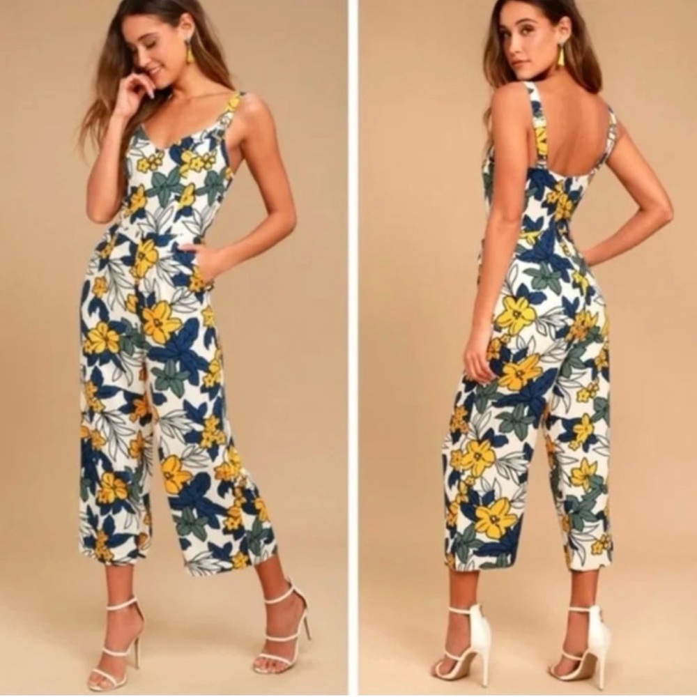 Anthropologie JOA Fiorenza Floral Jumpsuit | Ivory Yellow Blue Print | Size XS
